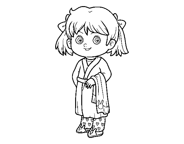 Carina bambina in pigiama kigurumi disegnata a mano in stile cartone  animato. Libro da colorare o pagina di stile del doodle per i capretti. Un  bambino in un vestito di maialino. Vettore