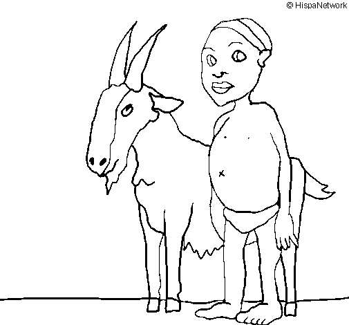 Disegno di Bambino africano con una capra da Colorare