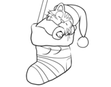 Disegno di Gattino che dorme in una calza di Natale da colorare