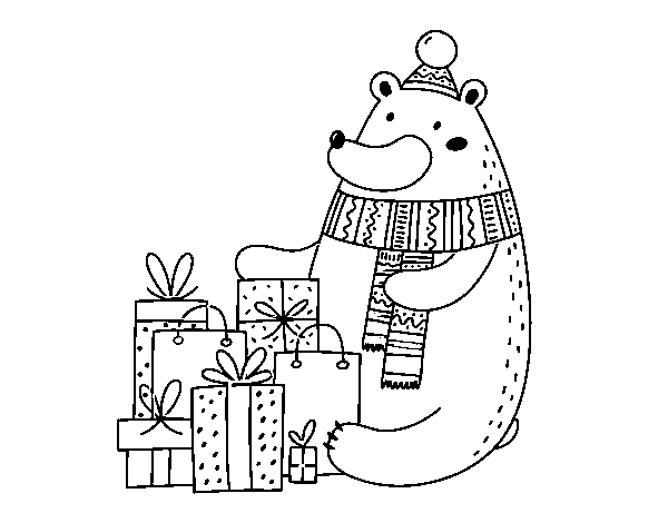 Disegno di Orso con i regali di Natale da Colorare
