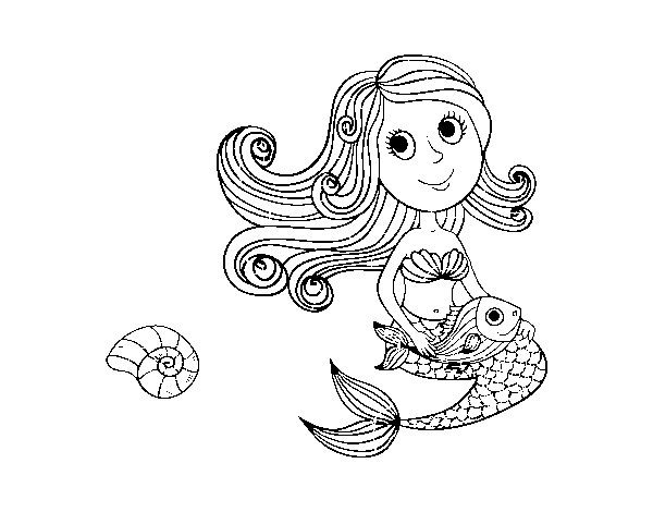 Disegno di Sirena e il suo pesce da Colorare