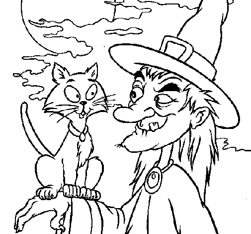 Disegno di Strega con il gatto  da Colorare